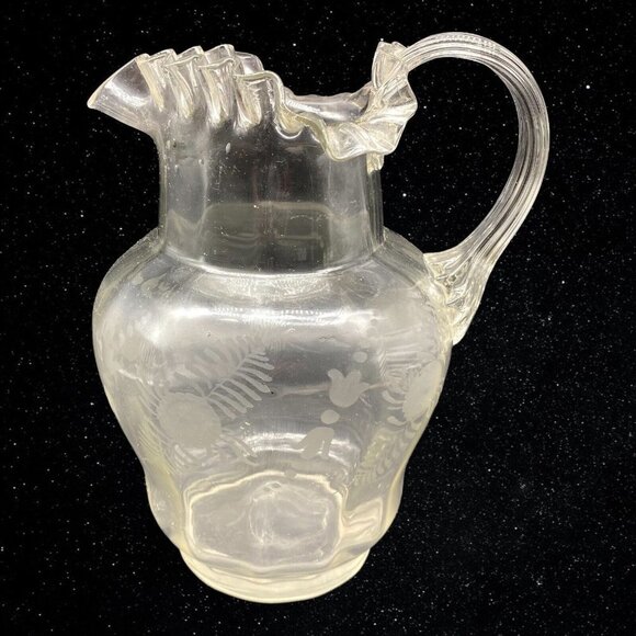 Art Glass Etched Ruffled Edge Applied Handle Pitcher Hand Blown 9”T 6.5”W - Picture 7 of 8